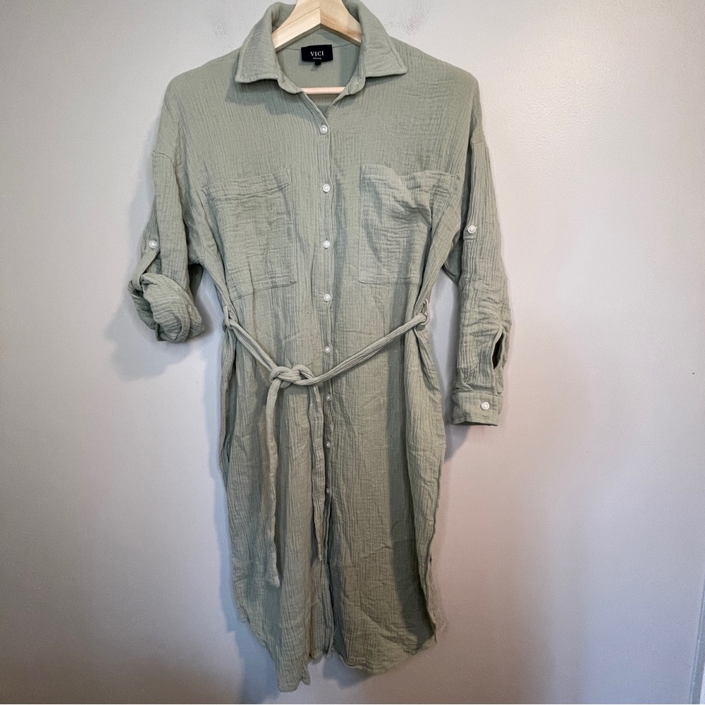 VICI Lightweight Cotton Shirt Dress Sage Green S